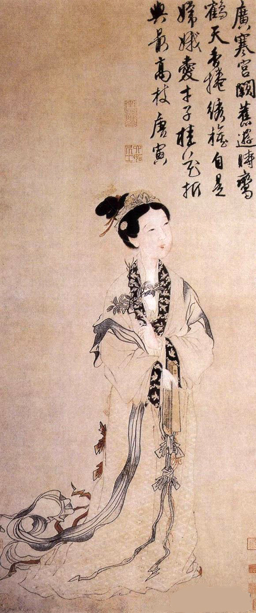 明·唐寅《嫦娥執桂圖》，美國大都會藝術博物館藏。唐寅，字伯虎，擅山水、人物，詩書俱佳。其人物畫工寫兼擅，師承傳統，線條清細，色彩雅麗，造型准確。這幅作品中描繪的月宮仙子嫦娥，裙帶飄拂，神形溫婉，如月光般皎潔優雅，一掃孤寂之態，多了一份美好。