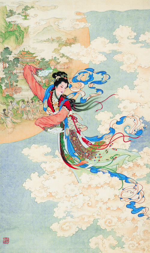 近現代·任率英《嫦娥奔月》。任率英是中國現代連環畫家、年畫家、中國畫家，擅工筆重彩人物畫，多以民族英雄、古典小說、神話傳說和民間故事為題材，長期從事中國畫、新連環畫、年畫創作。他的連環畫《嫦娥奔月》出版后廣受大眾喜愛。