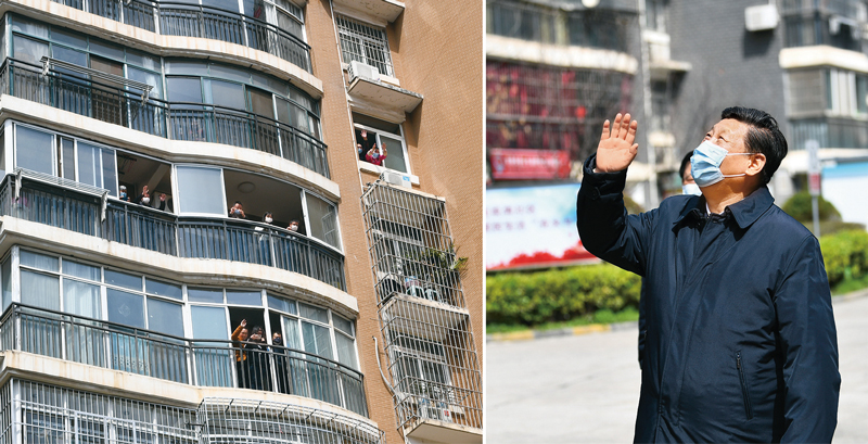 2020年3月10日,习近平专门赴湖北省武汉市考察新冠肺炎疫情防控工作。这是习近平在东湖新城社区考察时,向在家隔离居住的居民挥手致意、表示慰问(拼版照片)