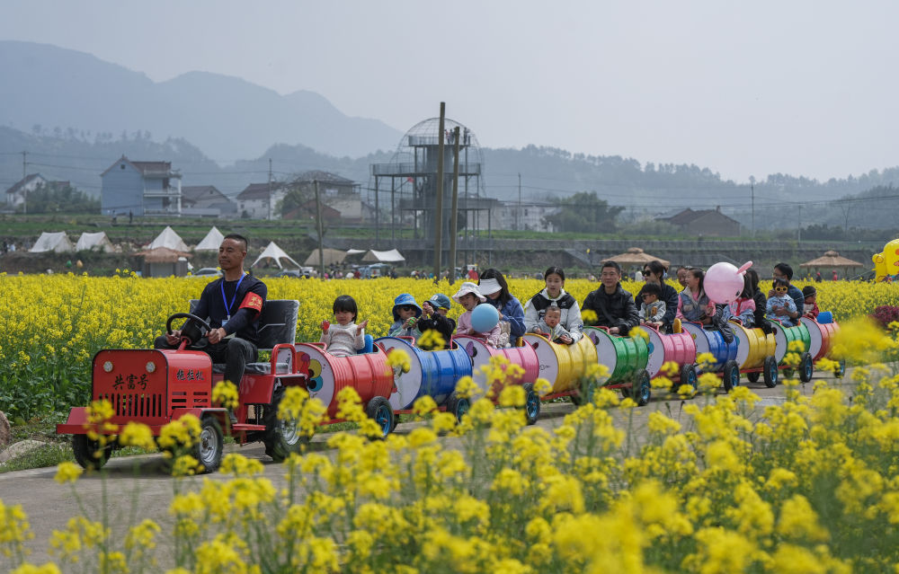 2023年4月1日，游客在杭州市臨安區青山湖街道郎家村乘坐小火車在油菜花地裡感受春日美景。（徐昱 攝）