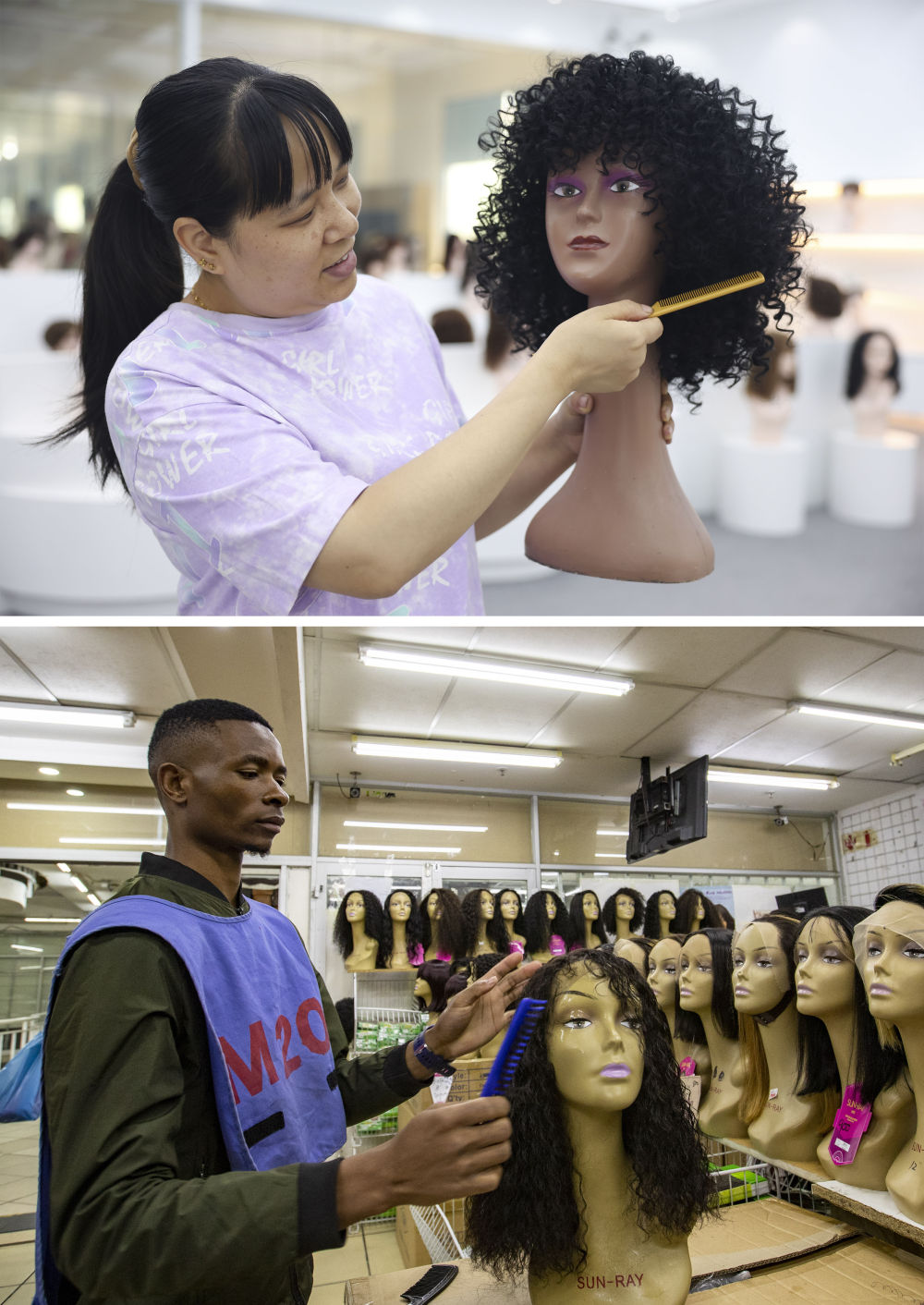 拼版照片：上圖為2023年5月25日，工人在湖南邵陽陽光發品有限公司展廳展示假發（新華社記者薛宇舸攝）﹔下圖為2023年6月9日，一名店員在湖南邵陽陽光發品有限公司位於南非約翰內斯堡的店鋪內展示假發（新華社記者張譽東攝）。新華社發