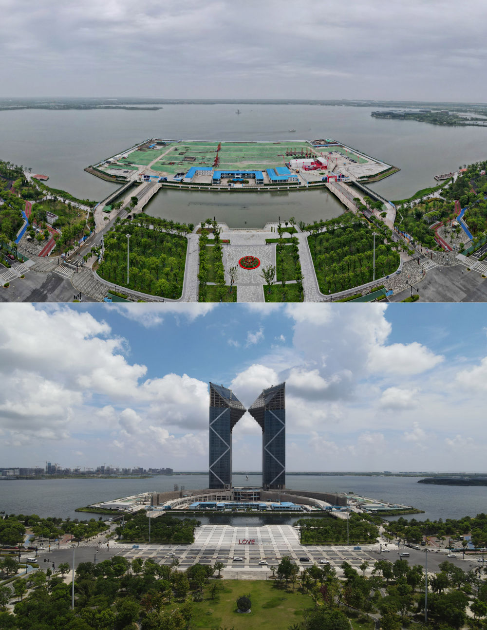 拼版照片：空中俯瞰中國（上海）自由貿易試驗區臨港新片區滴水湖西島中銀金融中心項目現場（上圖為2021年6月20日攝，無人機照片﹔下圖為2024年8月14日攝，無人機照片）。2019年8月20日，臨港新片區揭牌成立，一個開放新高地在長江與東海交匯處日益崛起。