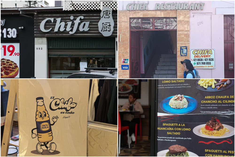 绵延不断的人文交流，让秘鲁的饮食带上了明显的中餐印记：中餐馆在秘鲁被称作“Chifa”（吃饭）（左上、右上）。炒饭（Chaufa）作为常规食物，登上了大多数当地餐馆的菜单（右下）。Chifa一词，还被利马的年轻画家化用为文化符号，与本土饮料“印加可乐”一起融入到艺术创作中（左下）。